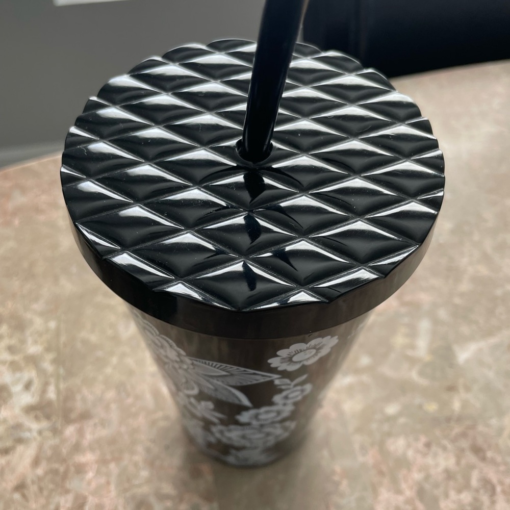 Floral Black and White Tumbler with Straw - Picture 2 of 3